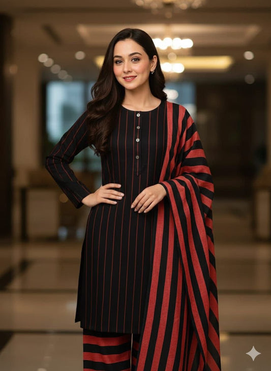 Winter Multani susi 3 PCS Suit - Black n Maroon