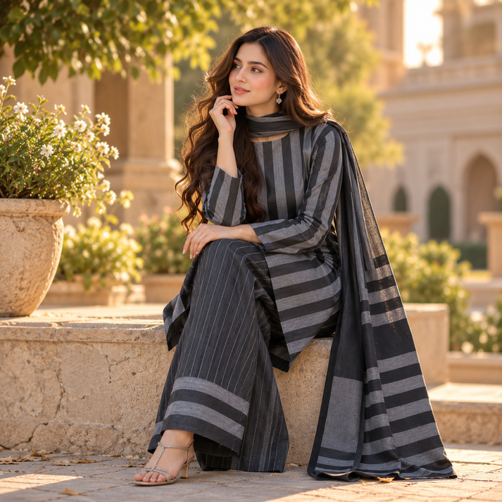 Winter Multani susi 3 PCS Suit - Black