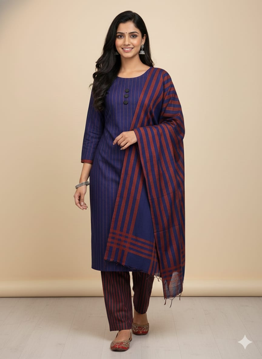Winter Multani susi 3 PCS Suit - Blue n Maroon