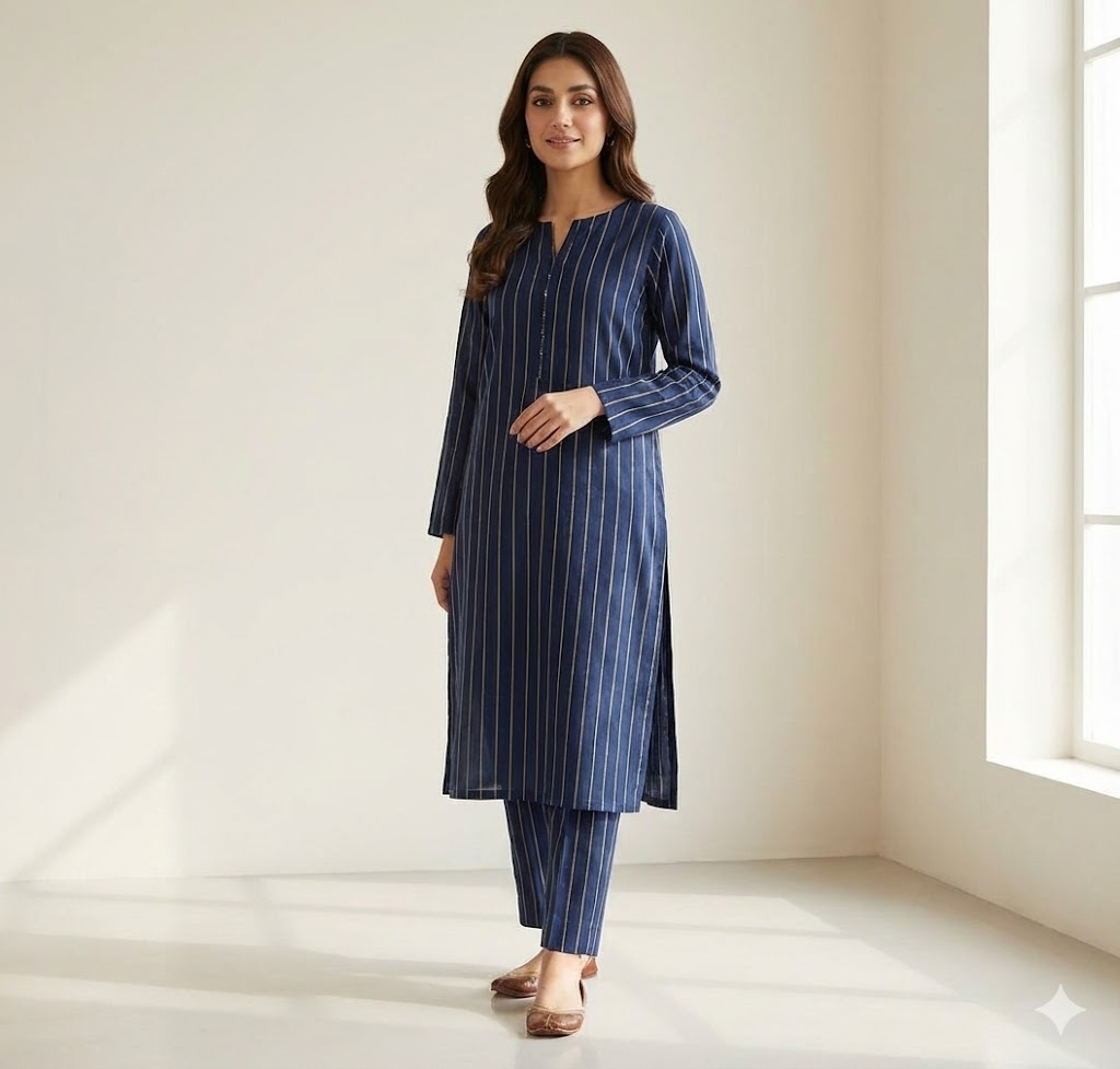 Zari Work Unstitched Cambric Cotton 2 Piece – Blue