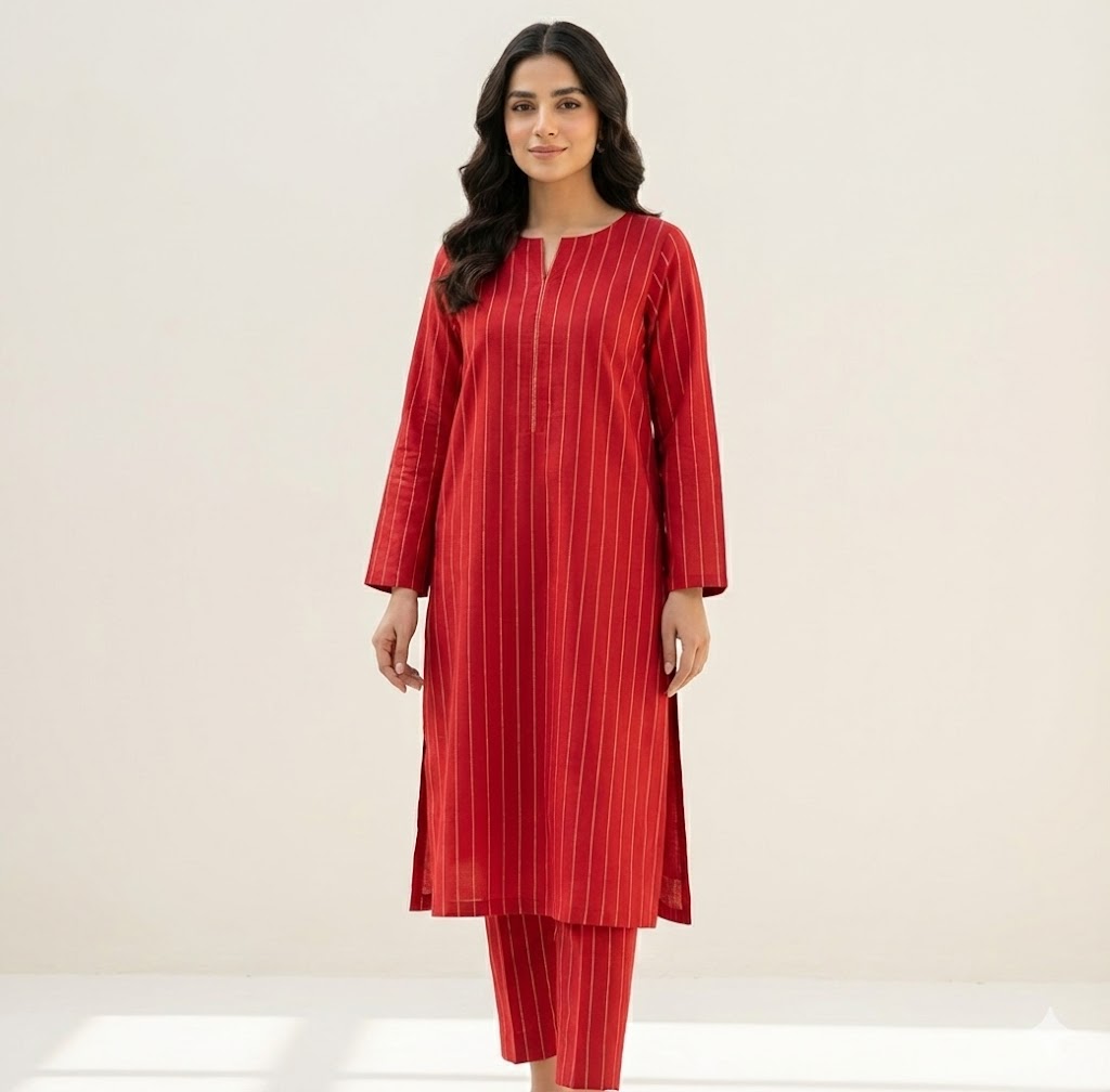 Zari Work Unstitched Cambric Cotton 2 Piece – Red